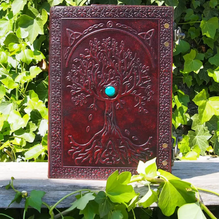 Carnets En Cuir*Skin Project Grimoire épais en cuir - Arbre de vie et Turquoise